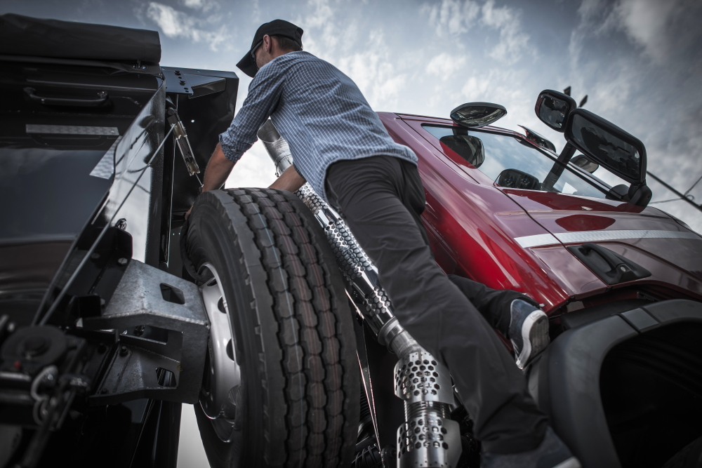 Caucasian-Driver-in-His-30s-Preparing-His-Semi-Truck-For-the-Next-Business-Commercial-Trip